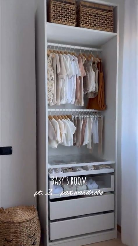 Ikea Baby Wardrobe Hack, Newborn Wardrobe Design, Ikea Pax Baby Closet, Nursery Wardrobe Organisation, Small Room Organization Bedroom Space Saving Storage Ideas, Baby Wardrobe Design, Dressing Bebe, Baby Wardrobe Organisation, Bedroom Newborn