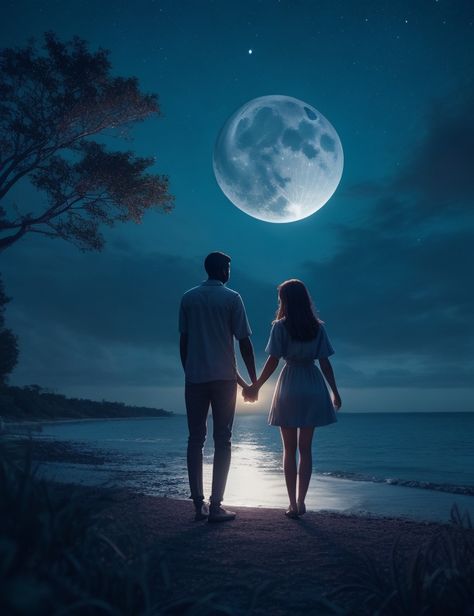 Follow for more Aesthetic Wallpaper! "Beneath the ethereal embrace of the moonlight, they held hands, as if stitching their hearts together with the threads of the night." 🌙💑 #wallpaper #aesthetic #couple Aesthetic Love Wallpaper Couple, Night Romantic Couple Pic, Moon With Couple, Lovers Wallpaper Couple, Silhouette Couples, Moon With Couple Aesthetic, Moonlight Couple, Couple Watching Moon, Moonlight Couple Photography