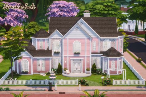 Pink Suburban House, Pink Sims House, The Sims 4 Pink House, Barbie House Sims 4, Sims 4 Pink House, Sims 4 Barbie House, Family Home Sims 4, Sims Gallery, Pink House Exterior