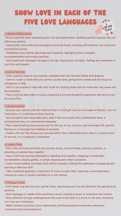 show love in each of the 5 love language What Are The 5 Love Languages, Connect With Partner, The Different Love Languages, All Love Languages, Words Of Affirmation Love Language Ideas, Connecting With Your Partner, Different Types Of Love Languages, What Is My Love Language, Gift Giving Love Language