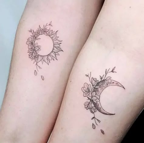 Sun And Moon Sister Tattoos, Best Friend Flower Tattoos, Matching Mom Daughter Tattoos, Sister Tattoo Designs, Mom Daughter Tattoos, Matching Sister Tattoos, Sister Tattoo, Sister Sister, Mother Daughter Tattoos