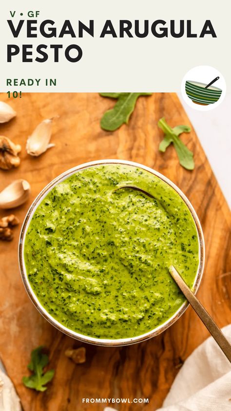 This Arugula Pesto is bright, flavorful, and packs a light punch. It's made in 10 minutes with only 5 ingredients and the best way to brighten up your favorite recipes. Vegan, Gluten-free, Nut-free option. Vegan Pasta Dish, Italian Diet, Arugula Pesto, Clean Eating Lifestyle, Homemade Sauce Recipes, Raw Pumpkin Seeds, Meal Prep Plans, Vegan Pesto, How To Make Pesto