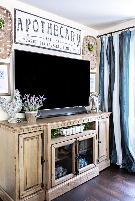 French Country Tv Wall Ideas, French Country Tv Wall, French Country Tv Room, Next To Tv Decor, Hanging Tv Ideas, Hanging Tv Ideas Living Room, Tv Gallery Wall, Farmhouse Gallery Wall, Hanging Tv