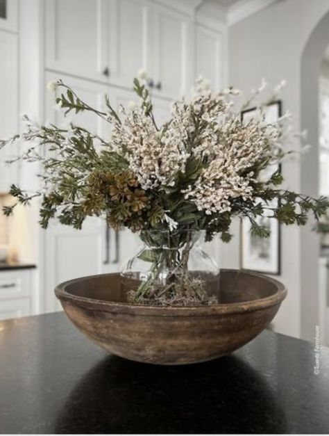 Dining Room Table Centerpiece Ideas Farmhouse Dough Bowl, Dining Table Floral Arrangements, Airy Floral Arrangements, Wood Bowls Decor Ideas, Dining Table Flower Arrangements, Sw Anew Gray, Large Clear Vase, Wooden Bowls Decor Ideas, Wooden Bowls Centerpiece