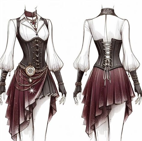 Steampunk Dress Drawing, Pirate Skirt Outfit, Pirate Clothing Drawing, Steampunk Fashion Drawing, Pirate Outfit Design, Pirate Clothes Drawing, Pirate Outfit Aesthetic, Ship In A Bottle, Pirate Outfit