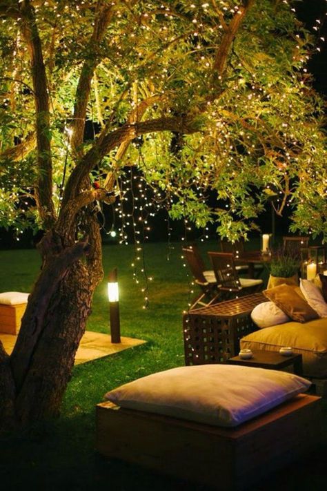 Looking for a quick way to brighten up your home decor? Then you have to use some fairy lights in one of these 17 beautiful ways! Wedding Lounge Decor, Wedding Lounge Furniture, Tree At Night, Backyard Trees, Wedding Lounge, Backyard Lighting, Backyard Garden Design, Lounge Decor, Kew Gardens