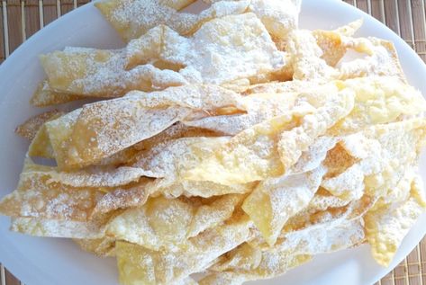 Angel Wings pastry Angel Wings Dessert, Crostoli Recipe, Chrusciki Recipe, Angel Wing Cookies, Czech Desserts, Polish Dishes, Hungarian Desserts, Slovak Recipes, Polish Desserts