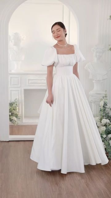 Garment Friendly Wedding Dress, Civil Union Dress, Elegant Wedding Dress Modest, Wedding Clothes For Women, Square Neck Wedding Dress, Civil Dress, Puff Sleeve Wedding Dress, Wedding Dresses Ideas, The Nerve