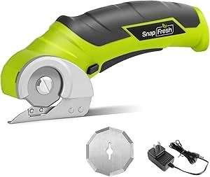 SnapFresh Cordless Electric Scissors, 4V Electric Mini Cutter, Carpet & Cardboard Cutter Tool with a Replacement Blade/Charger, Rotary Cutter for Cardboard Packages Leather Plastic （Green） Electric Scissors, Wire Netting, Cardboard Packaging, Fabric Scissors, Plastic Packaging, Ergonomic Handle, Multi Layering, Electricity, Carpet