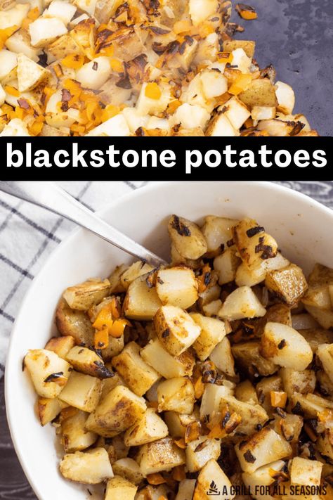 Blackstone Potatoes are a fast and easy way to cook potatoes on the grill. With just a handful of ingredients, you'll have a delicious side dish recipe ready to enjoy in no time at all. Perfect for a side dish or a simple hearty meal. Blackstone Griddle Potato Recipes, Blackstone Griddle Recipes Side Dishes, Potatos On Blackstone, Blackstone Breakfast Potatoes, Griddle Sides Recipes, Blackstone Loaded Potatoes, Easy Blackstone Sides, Potato Recipes On Blackstone, Black Stone Griddle Potatoes