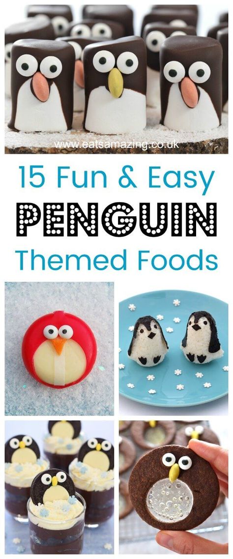 More than 15 fun penguin themed food ideas for kids - perfect for winter themed party food and fun snacks - Eats Amazing UK   #funfood #kidsfood #cutefood #foodart #edibleart #ediblecraft #penguins #penguin #partyfood #Christmasfood #christmaskids #festivefood #christmasparty #winterfood January Recipes For Kids, Bird Themed Snacks, Bird Snacks For Kids, Penguin Pull Apart Cupcakes, Penguin Party Food, Penguin Appetizers, Bird Snacks, Penguin Themed Birthday Party, Penguin Snacks