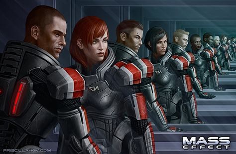 Many diverse versions of Commander Shepard in Mass Effect, by Priscilla Kim. Mass Effect Characters, Mass Effect 1, Painting Faces, Ajin Anime, Mass Effect Universe, Mass Effect Art, Mass Effect 3, Commander Shepard, Summer Series