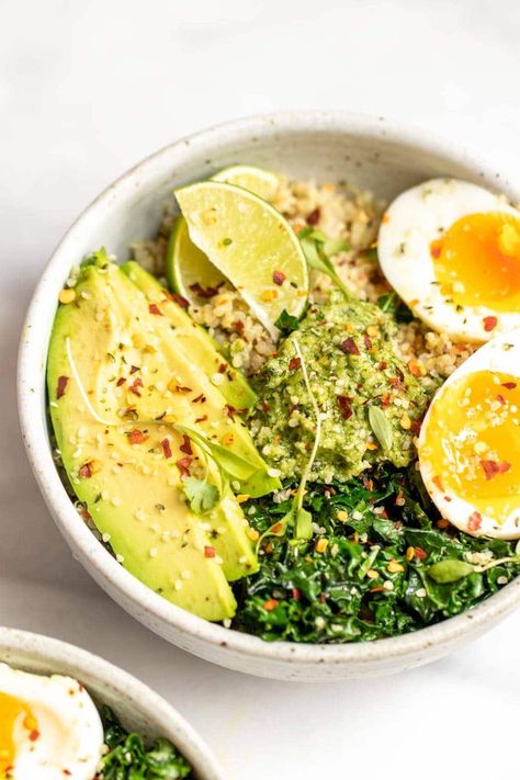 Savory Quinoa Breakfast Bowl Egg Quinoa, Breakfast Bowl Egg, Savory Gluten Free, Savory Quinoa, Dairy Free Pesto, Soft Boiled Egg, Quinoa Breakfast Bowl, Healthy Bowl, Egg Diet Plan