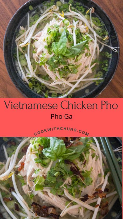 This heartwarming noodle dish is made with rice noodles, shredded chicken and a flavourful broth that has been simmered for an hour. Add the garnish of your choice and enjoy on a cold night. Pho Soup Recipe Chicken, Pho Ga Recipe, Pho Chicken, Vietnamese Chicken Pho, Authentic Pho, Pho Recipes, Chicken Pho Recipe, Chicken Pho Soup, Vietnamese Recipes Chicken