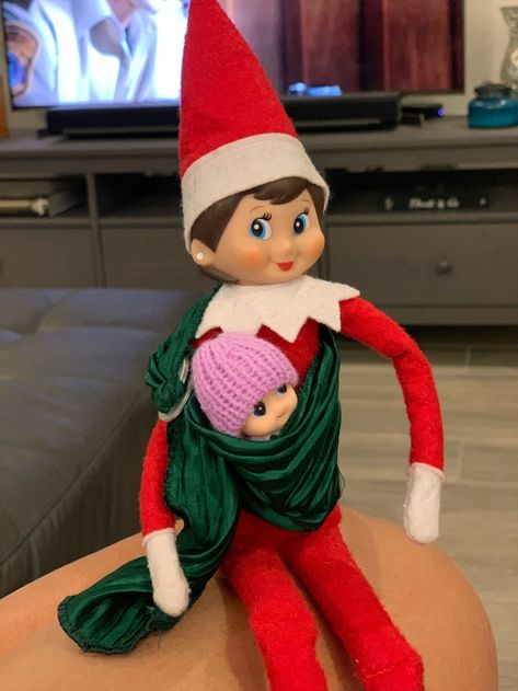 Elf And Baby Ideas, Elf Family Ideas, Elf On The Shelf With Baby Elves, Baby Elf Ideas, Elf Baby Ideas, Elf On The Shelf New Baby Sister, Pregnant Elf On The Shelf, Elf On The Shelf With Baby, 2 Elf Ideas