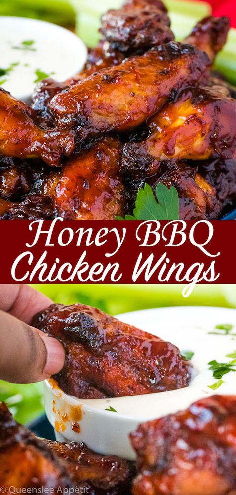 Honey BBQ Chicken Wings ~ Recipe | Queenslee Appétit Peking Chicken, Chicken Wing Sauce Recipes, Spicy Chicken Tenders, Honey Bbq Chicken Wings, Sticky Wings, Bbq Chicken Wings Recipe, Wings Recipe Baked, Honey Bbq Wings, Spicy Baked Chicken