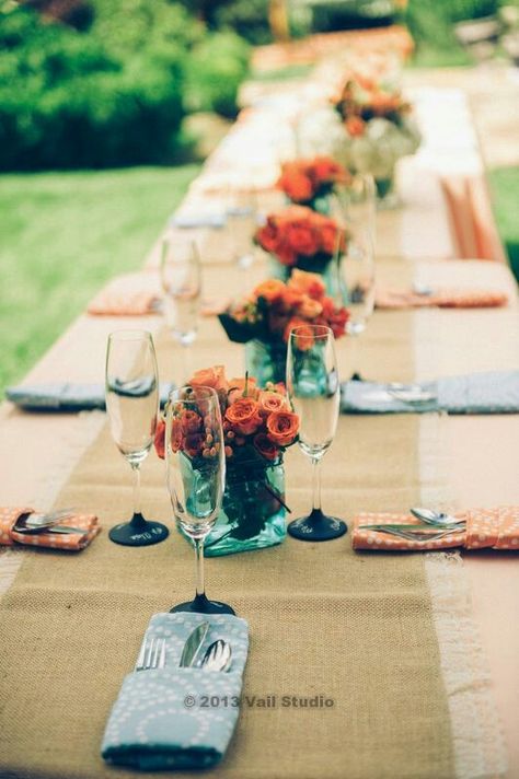 Teal Orange Weddings, Teal Centerpieces, Orange Centerpieces, Teal Table, Burlap Runner, Forest Birthday Party, Country Bridal Shower, Fall Wedding Color Palette, Beach Wedding Centerpieces