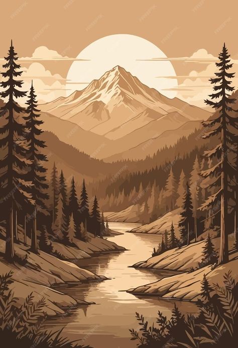 Premium Vector | A mountain river with a river and mountains in the background Ramiel Mountain, Mountain Background, Reference Art, Tshirt Illustration, Mountain River, Premium Vector, Graphic Resources, Tower, Quick Saves