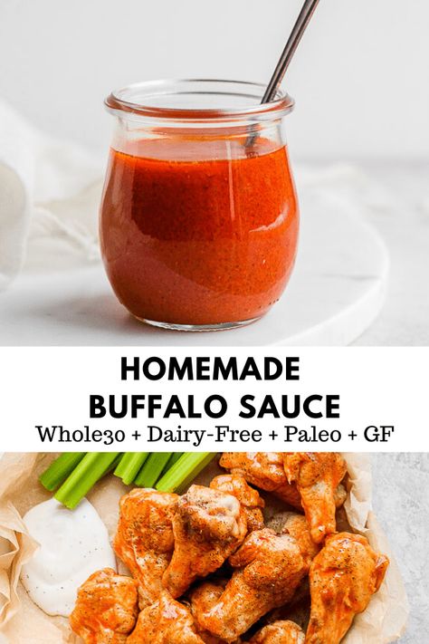 Healthy Buffalo Sauce Recipe, Buffalo Wings Sauce Recipe, Easy Homemade Buffalo Sauce, Vegan Buffalo Sauce, Buffalo Chicken Sauce, Buffalo Sauce Recipe, Wooden Skillet, Paleo Condiments, Wing Sauce Recipes