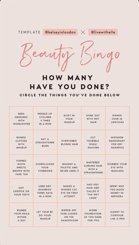 Beauty Bingo Instagram Story Template by @kelseyinlondon #InstaStory #StoryTemp #InstaTemp #InstagramStory #StoryTemplate #InstagramStoryTemplate #Beauty #Bingo Kelsey In London, Bingo Story, Beauty Instagram Story, Snapchat Template, Instagram Story Questions, Bingo Template, Kdrama Memes, Instagram Games, Fun Questions To Ask