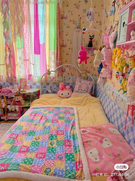 Kawaii Maximalist Room, Cottagecore Aesthetic Crafts, Kitsch Interior Design, Pink Maximalist Decor, Kidcore Room Ideas, Pink Maximalist Bedroom, Multicolor Furniture, Kidcore Room, Kawaii Room Ideas