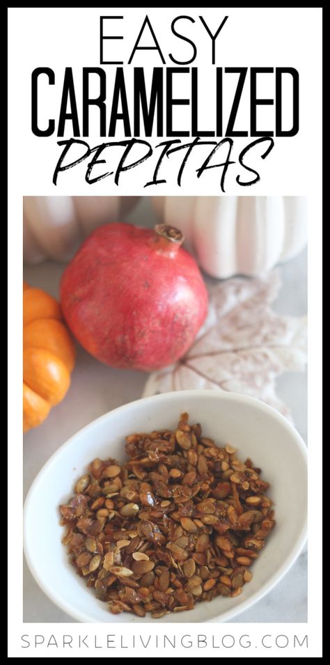 It only requires three ingredients and 15 minutes to make these delicious easy caramelized pepitas! #pumpkinseeds #fallbaking #salad #pepita Seasoned Pepitas, Pepitas Recipes, Candied Pepitas, Dehydrated Snacks, Easy Weekly Meals, Poo Poo, Yummy Mummy, Easy Weeknight, Fall Baking