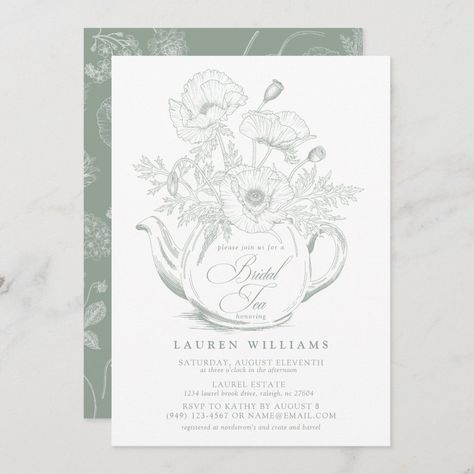 Bridal Tea Invitations, Vintage Sage Green, Icelandic Poppies, Sage Green Background, Line Art Style, Tea Party Bridal, Tea Party Invitations, Sage Green Wedding, Bridal Tea