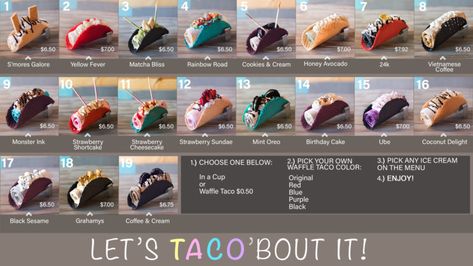 Menu – Sweet Rolled Tacos – Ice Cream Tacos – Sweet treat in a Cup – Garden Grove Sweet Rolled Tacos, Rolled Ice Cream Shop, Food Truck Ice Cream Ideas, Ice Cream Truck Ideas Design, Rolled Ice Cream Recipes, Ice Cream Business Ideas, Ice Cream Shop Interior Design, Taco Ice Cream, Ice Cream Shop Design