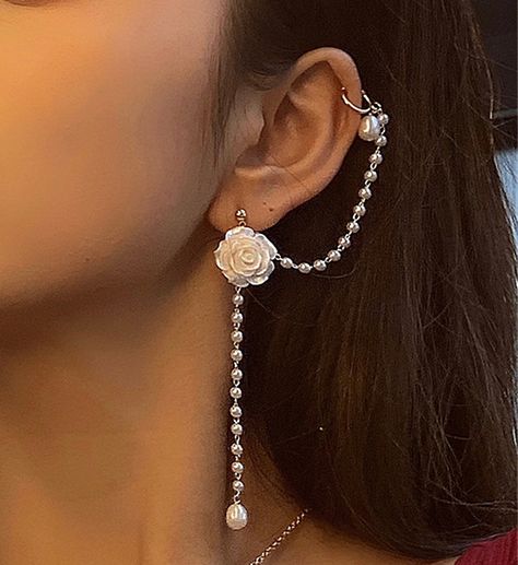 Ear Wrap Cuff, Rose And Pearl, Pearl Ear Cuff, Ear Wrap Earrings, Minimalist Ear Cuff, Bridesmaid Gifts Earrings, Star And Moon Necklace, Pearl Cuff, Ear Climber