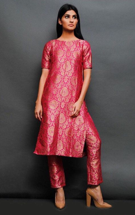 Pink pure brocade banarasi silk wedding reception salwar | Etsy Brocade Suits, Orang India, Silk Kurti Designs, Banarasi Suit, Pant Trouser, Indian Kurti Designs, Silk Suits, Indian Kurti, Silk Kurti