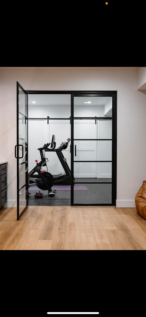 Glass Wall Gym Design, Basement Gym Glass Walls, Basement Gym Glass Door, Home Gym With Glass Walls, Basement Gym Doors, Glass Gym Doors, Basement Gym Room, Home Gym Glass Doors, Basement Gym And Family Room