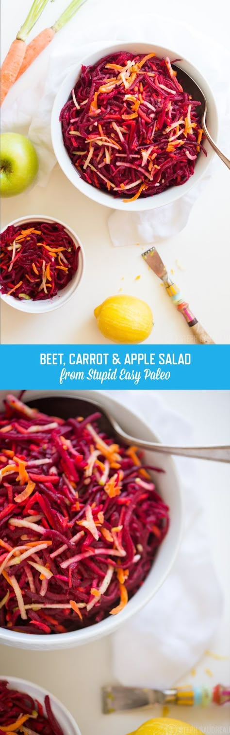 Beet, Carrot & Apple Salad is a great warm-weather salad recipe, and it comes together in just minutes.  The best part about this recipe is the short list of just five ingredients. Start with the eart Carrot And Apple Salad, Beet And Apple Salad, Carrot Apple Salad, Beet Recipes Healthy, Apple Salad Recipe, Salad Quinoa, Apple Salad Recipes, Paleo Salads, Beet Recipes