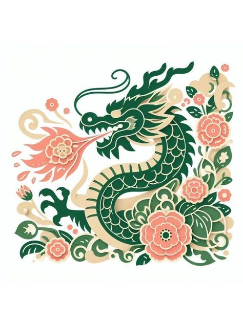 For a Green Wooden Dragon Breathing Flowers, create a flowing dragon with ornate scales and a majestic mane. Incorporate florals in its breath, merging with the body. Use a palette of greens, pinks, and creams, highlighting details for depth. Year Of Dragon Tattoo, Filipino Dragon, Dragon Illustration Design, Lunar New Year Drawing, New Year Drawings, Green Dragon Art, Tropical Dragon, Aztec Dragon, New Year Drawing Ideas