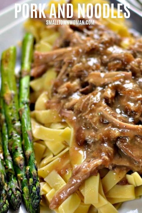 The perfect family-friendly comfort food meal that combines pork tenderloin and Amish egg noodles in a delectable easy gravy that you prepare right in the slow cooker! This delectable recipe is perfect for dinner or holiday parties! Save this pin for later! Pork Tenderloin With Pasta Recipes, Pork And Noodles Slow Cooker, Casseroles With Pulled Pork, Pork Roast And Noodles, Diced Pork Recipes Slow Cooker, Pulled Pork Pasta Recipes, Pork Stew Meat Recipes Slow Cooker, Pork Pasta Recipes, Pork Tenderloin Pasta