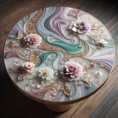 Embrace serenity with our elegant resin art table. Showcasing a classic wooden finish, our design teems with pastel hues of lavender, mint, and blush pink, contrasted with gold dust accents. Floral and butterfly elements are tiered in the resin, enhancing depth and sophistication. #ResinArtTable #HomeDecor #SophisticatedFurniture #PastelDecor #ElegantHomeFurnishing #ButterflyDesign Resin Art Table, 3d Table, Butterfly Resin, Sophisticated Furniture, Resin Art Painting, Abstract Flower Art, Pastel Decor, Gold Dust, Abstract Flower