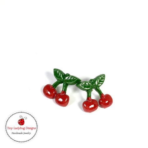 Tiny polymer clay cherries stud earrings. Clay Cherries, Tiny Polymer Clay, Clay Magnets, Cherry Earrings, Fruit Earrings, Cute Polymer Clay, Nickel Free Earrings, Polymer Clay Creations, Sustainable Gifts