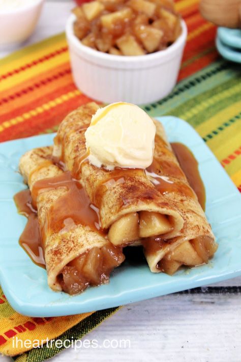 Best Ever Caramel Apple Pie Taquitos | I Heart Recipes Apple Taquitos, Apple Pie Taquitos, Cinnamon Sugar Tortillas, I Heart Recipes, Caramel Apples Homemade, Taquitos Recipe, Homemade Apple Pie Filling, Heart Recipes, Canned Apple Pie Filling