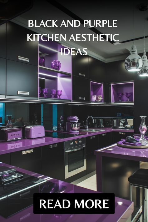 Black and purple kitchen with modern decor and appliances, featuring glossy cabinets and pendant lights. Purple Kitchen Aesthetic, Black And Purple Kitchen, Purple Countertops, Kitchen Aesthetic Ideas, Purple Kitchen Ideas, Purple Kitchen Designs, Purple Kitchen Decor, Kitchen Flooring Trends, Kitchen Tile Inspiration