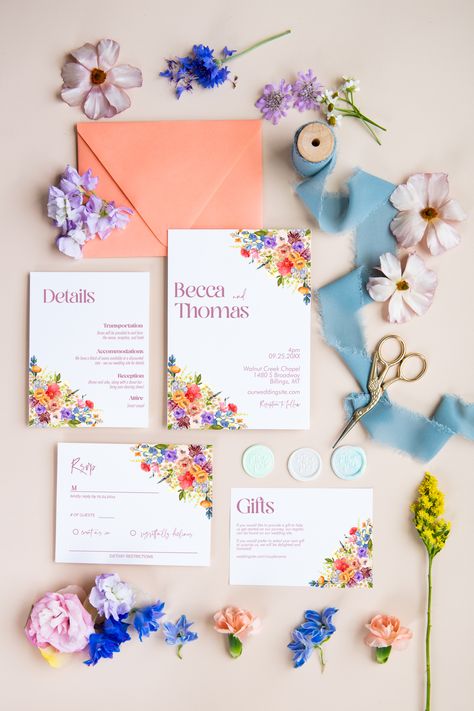 Pastel Wedding Invitations, Flower Moxie, Wildflower Wedding Theme, Wildflower Invitation, Spring Wedding Invitations, Find Your Match, Future Wedding Plans, Wedding Theme Colors, Diy Wedding Flowers