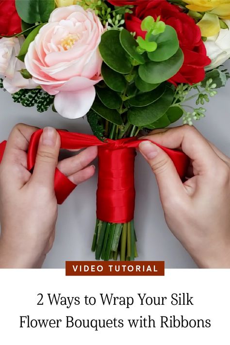 How To Make A Bridesmaid Bouquet Diy, Diy Homecoming Boquet, Ribbon On Wedding Bouquet, How To Give Flowers As A Gift, Stem Wrapped Bouquet, How To Tie Ribbon Around Flowers, Ribbon For Wedding Bouquets, Floral Ribbon Bow, How To Wrap Bridesmaid Bouquet