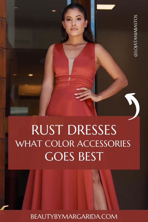 Looking for ideas on how to accessorize your rust dress? Look no further! Our guide has got you covered with tips on the best jewelry, shoes, purse, and nail polish to pair with your rust dress! Dress: Tania Bastos Burnt Orange Dress Jewelry, Jewelry For Rust Dress, Nails With Copper Dress, Nail Color For Rust Dress, Nails For Rust Color Dress, Rust Color Dress Accessories, Copper Dress Accessories, Nails With Terracotta Dress, Shoes For Rust Colored Dress