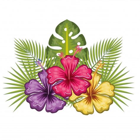 Tropical Flowers Illustration, Tropical Flower Tattoos, Hawaiian Leaf, Palm Tree Sunset, Art Gallery Wallpaper, Hawaiian Flowers, Flowers Design, Flower Clipart, Digital Flowers