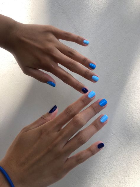 Blue Combo Nails, Multi Color Pedicure, Multiple Shades Of Blue Nails, Multi Color Blue Nails, Multicolor Blue Nails, Solid Multi Color Nails, Different Colored Hands Nails, Multi Colored Blue Nails, Two Colored Nails On Each Hand