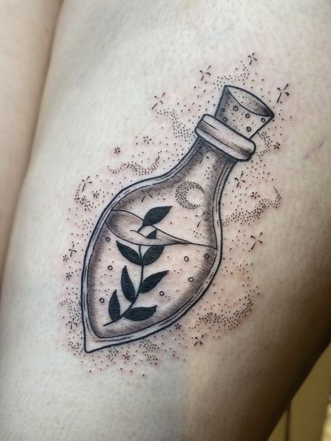 Witch Jar Tattoo, Witch Potion Tattoo, Poison And Antidote Tattoo, Potion Jar Tattoo, Vile Tattoo, Spell Jar Tattoo, Poison Bottle Drawing, Vial Tattoo, Aqua Tofana Tattoo