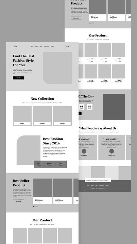 Fashion Ecommerce Wireframe Design | Landing page Template Wireframes For Website, Portfolio Wireframe Website Designs, Figma Wireframe Design, Web Designer Logo Ideas, Website Wireframe Design Inspiration, Web Wireframe Layout, E Commerce Wireframe, E Commerce Landing Page Design, Wireframe Ecommerce Website