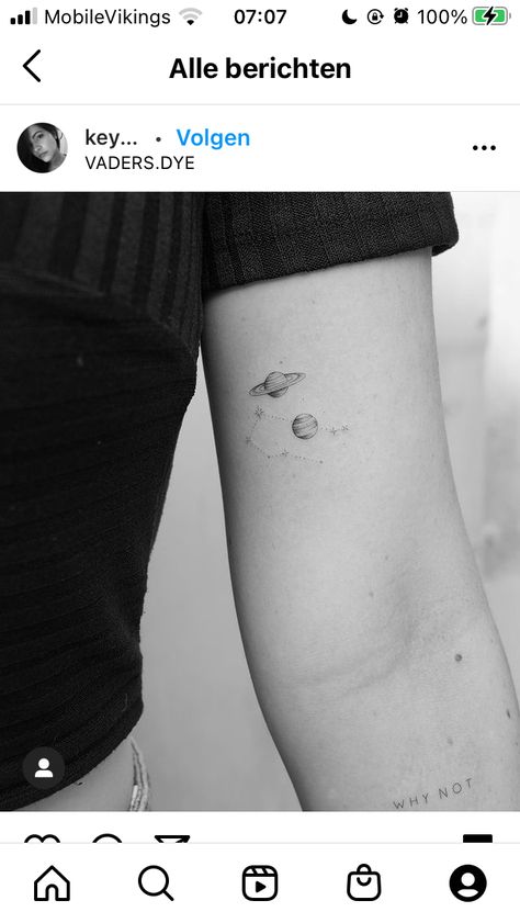 Minimalistic Universe Tattoo, Small Neptune Tattoo, Minimal Galaxy Tattoo, Mini Universe Tattoo, Jupiter And Saturn Tattoos, Venus Tatoos Ideas, Planet Small Tattoo, Saturn Small Tattoo, Galaxy Minimalist Tattoo