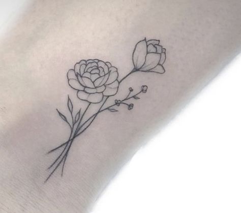 Peonies Small Tattoo, Ranunculus Fine Line Tattoo, Simple Peony Flower Tattoo, Peony Flower Line Art, Begonia Tattoo Black And White, Peony Birth Flower, Peony Tatoos Design, Tiny Peony Tattoo Simple, November Birth Flower Tattoo Peony