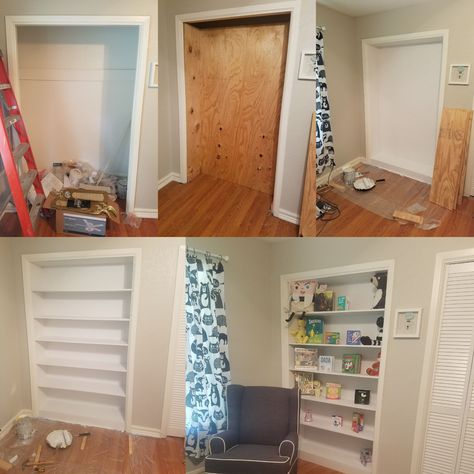 Bookshelf In A Closet, Closet To Built In Shelves, Closet Converted To Bookshelf, Closets Into Bookshelves, Convert Closet To Library, Turn Closet Into Built In Bookcase, Small Closet Bookshelf, Closet Bookshelves Built Ins, Closet Turned Library