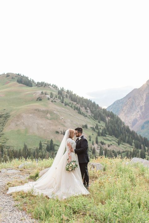 First Look in the Utah Mountains | Albion Basin First Look | Little Cottonwood Canyon Bridal Photos | Utah mountain wedding pictures | Blush Wedding Dress | Whitney Hunt Photography | Park City Utah Wedding Photographer Latter Day Bride, Albion Basin, Wedding Dresses Lds, Lds Bride, Modest Bride, Utah Mountains, Blush Wedding Dress, Lds Wedding, Utah Bride