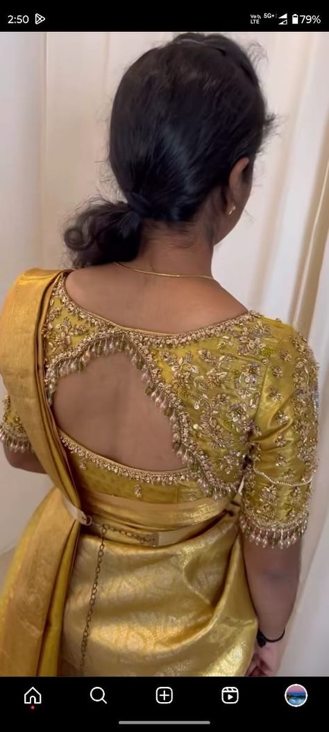 Bride Blouse Back Neck Designs, Collar Blouse Back Neck Designs, Bridal Blouse Back Neck Designs Latest, Gold Colour Blouse Designs Maggam Work, Maggam Work Blouse Designs For Bride, Blouse Works For Pattu Sarees, Gold Blouse Maggam Work, Latest Work Blouses For Pattu Sarees, Golden Blouse Designs Latest